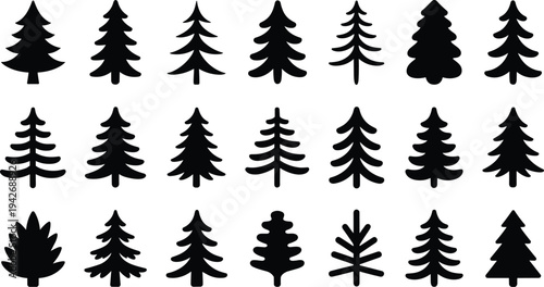 Twenty Black Pine Tree Silhouettes in Three Rows on White Background evergreen conifer
