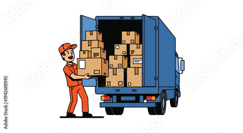 Delivery man in orange uniform loading many boxes into a blue truck with an open back door on a plain white background.