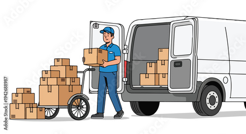 Delivery man in blue uniform loading many people-sized cardboard boxes into a white van with a dolly against a plain background.