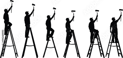 Painter, worker, silhouette, ladder, stool, roller, ceiling, wall, painting, construction, labor, industry, teamwork, too