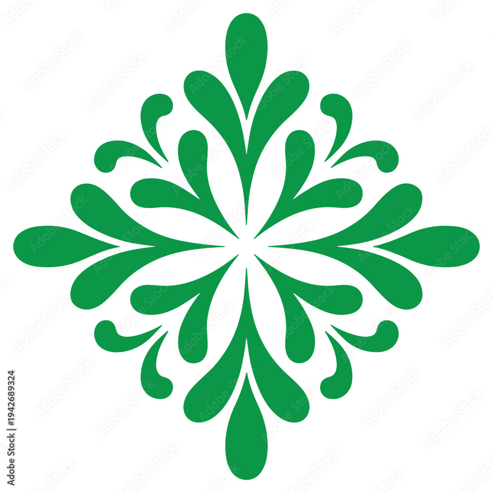 Fototapeta premium Intricate green botanical snowflake design with symmetrical leaf-like patterns
