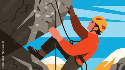 Illustration Of An Adventurer Climbing A Large Rock With A Rope Vector Design Template