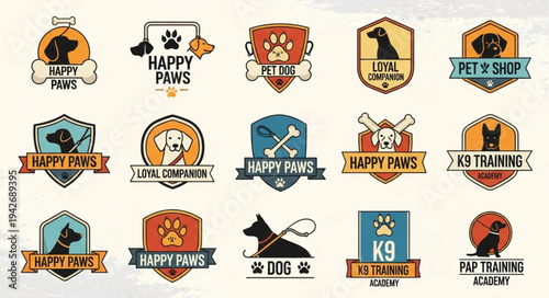 Collection of dog-themed logo designs for pet-related businesses.