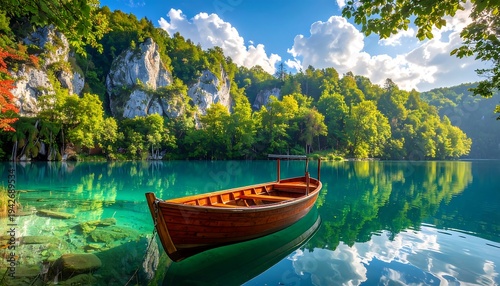 A scenic lake scene featuring a wooden boat on the crystal-clear water with cliffs, lush green trees, and a bright sky