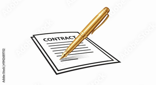 A golden pen poised to sign a document d "CONTRACT" on a white background