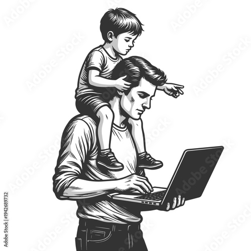 father working on a laptop while carrying his young child on his shoulders, symbolizing work life balance sketch engraving generative ai vector illustration. Scratch board imitation. Black and white.