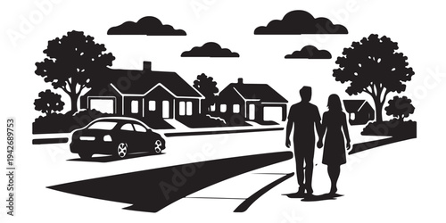 Suburban Evening Walk Scene Silhouette, Silhouette Vector, Isolated on White Background