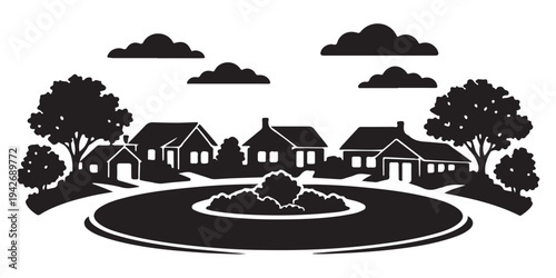 Foto Quiet Suburban Cul De Sac Scene Silhouette, Silhouette Vector, Isolated on White