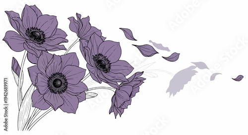 A delicate bouquet of purple flowers with petals blowing away