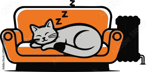 A gray cat peacefully sleeps on an orange couch next to a radiator