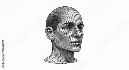 A grayscale digital illustration of a human head with layered, striped contours