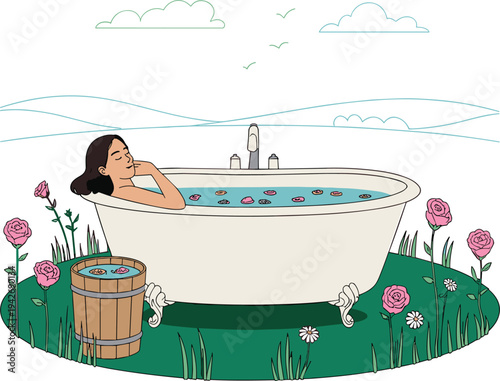 Woman Relaxing in a Clawfoot Bathtub Surrounded by Flowers and Nature on a White Background vector