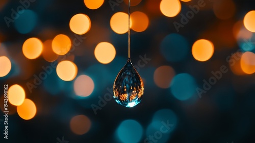 A single water droplet hangs from a thread against a vibrant blurred background of warm golden lights creating a mesmerizing contrast of cool and warm tones in a delicate