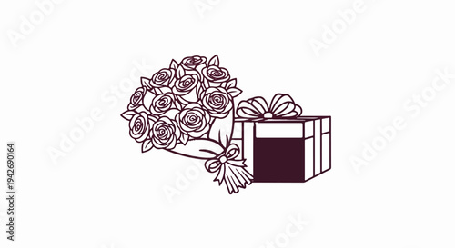 A line art drawing of a bouquet of roses next to a gift box