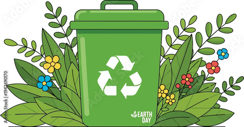 Green recycling bin illustration with a recycle symbol surrounded by fresh green leaves and colorful flowers celebrating Earth Day concept.