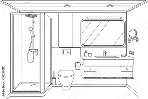 A line art depiction of a modern bathroom with shower, toilet, and vanity