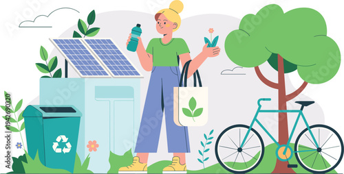 Woman with reusable water bottle and plant near solar panel recycling bin and bicycle promoting eco-friendly living