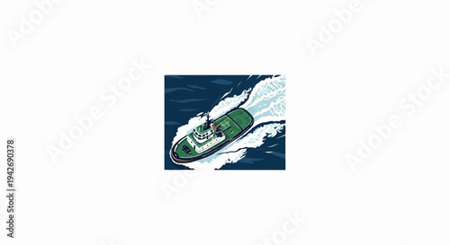 A green tugboat speeds through dark blue water creating white foam