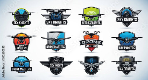 Collection of drone-themed emblems and badges featuring various designs and color schemes.