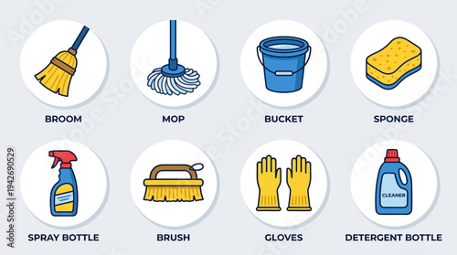 Cleaning Essentials Icon Set Vector – Illustrations of Broom, Mop, Bucket, Sponge, Spray Bottle, Brush, Gloves, Detergent Bottle for Household, Educational, and Creative Projects
