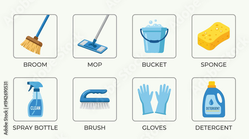 Cleaning Essentials Icon Set Vector – Illustrations of Broom, Mop, Bucket, Sponge, Spray Bottle, Brush, Gloves, Detergent Bottle for Household, Educational, and Creative Projects