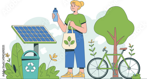 Woman with reusable water bottle and tote bag near solar panel recycling bin and bicycle in a green environment