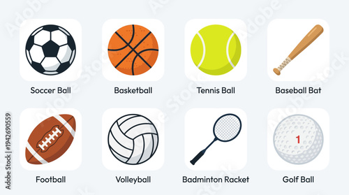 Sports Equipment Essentials Icon Set Vector – Illustrations of Soccer Ball, Basketball, Tennis Ball, Baseball Bat, Football, Volleyball, Badminton Racket, Golf Ball