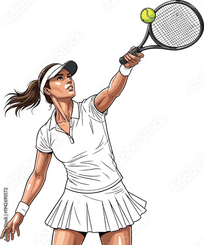 Determined female tennis player executes a powerful overhead serve motion preparing to strike the bright yellow ball