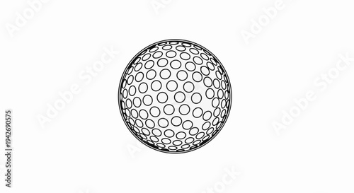 A detailed black and white illustration of a dimpled sphere, representing a golf ball