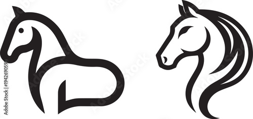 Two stylized black horse heads and bodies on white background Vector, illustration