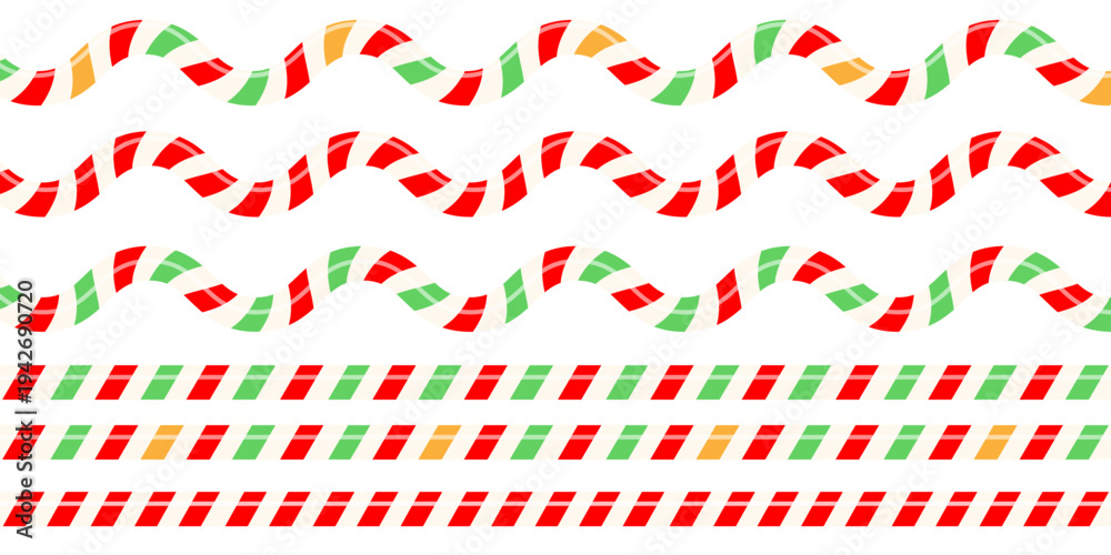Obraz premium Set of line twisted red and green , yellow candy cane. Forms templates for the holiday. Vector isolated