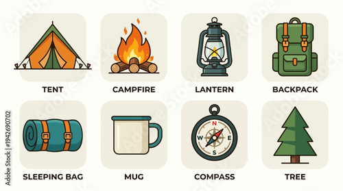 Camping Essentials Icon Set Vector – Illustrations of Tent, Campfire, Lantern, Backpack, Sleeping Bag, Mug, Compass, Tree for Outdoor Adventure, Education, and Creative Projects