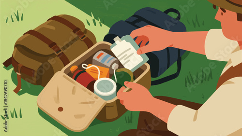 Illustration Of An Adventurer Opening His Backpack And Taking Out His Travel Gear Vector Design Template