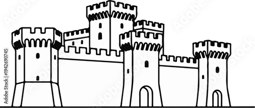 A detailed black and white illustration of a medieval castle with multiple towers and battlements