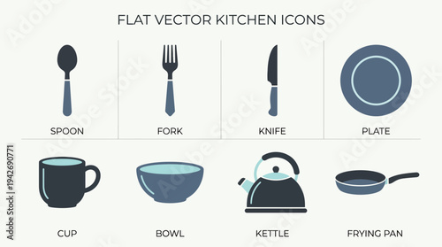 Kitchen Essentials Icon Set Vector – Flat Blue and Gray Illustrations of Spoon, Fork, Knife, Plate, Cup, Bowl, Kettle, Frying Pan for Cooking and Educational Projects