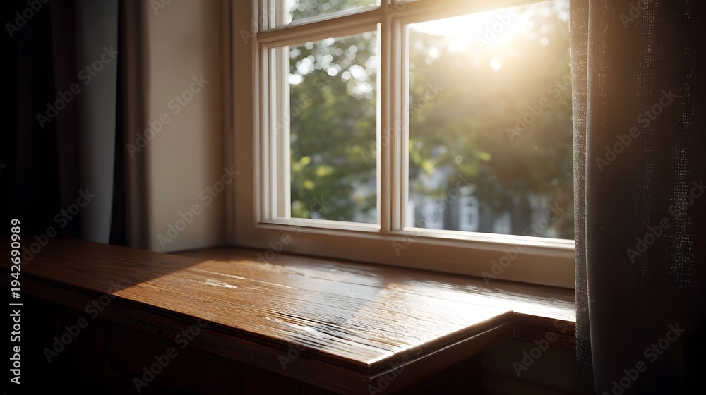 Fototapeta premium Warm sunlight streams through a window illuminating a wooden ill and a serene interior