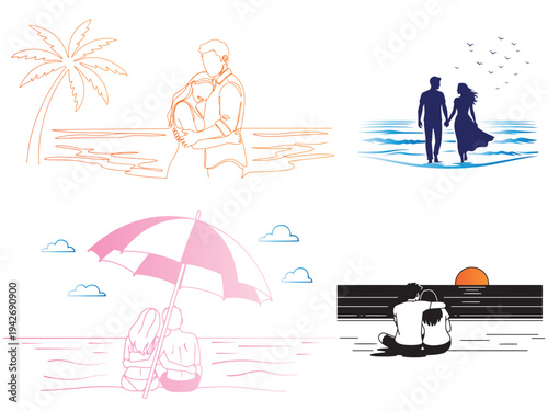 Set of romantic couple beach illustrations, line art and silhouettes of lovers at sunset, summer vacation and honeymoon concept.