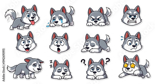 Collection of expressive husky puppy cartoon illustrations.