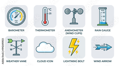 Weather Instruments and Symbols Icon Set Vector – Illustrations of Barometer, Thermometer, Anemometer, Rain Gauge, Weather Vane, Cloud, Lightning Bolt, Wind Arrow