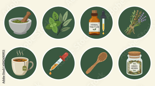 Herbal Medicine Essentials Icon Set Vector – Illustrations of Mortar, Leaves, Tincture Bottle, Dried Herbs, Tea, Dropper, Wooden Spoon, Jar for Natural Wellness and Educational Projects