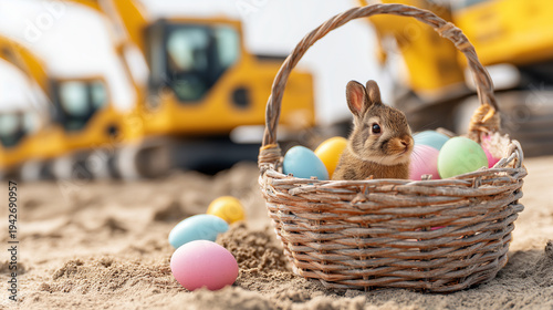 Baby bunny in a wicker basket with pastel eggs on sandy ground, playful easter scene contrasted with blurred heavy machinery in the background for an unexpected industrial twist, copy space