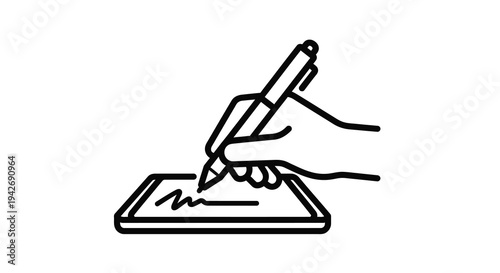 Hand signing a document on a digital tablet line art silhouette
