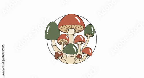 A group of colorful mushrooms are arranged in a circular pattern