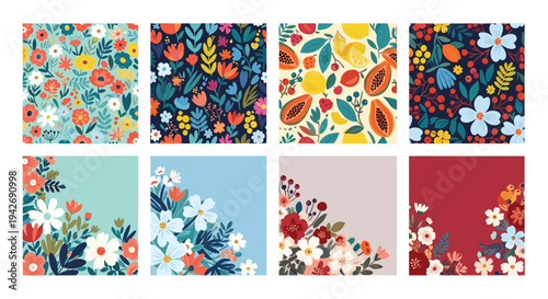 Collection of eight seamless floral patterns and floral corner designs background flower