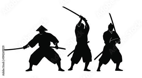 Three samurai warriors in dynamic poses a striking black silhouette