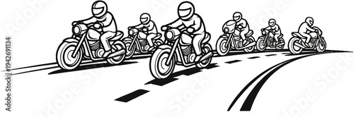 A group of motorcyclists in helmets ride in formation on a curving road