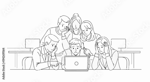 A group of office workers looks worried at a laptop screen