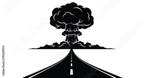 Road leading towards a dramatic atomic explosion stark silhouette