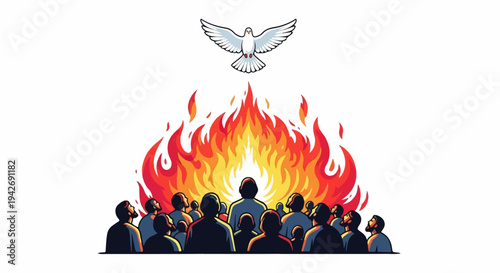 A group of people gaze up at a dove descending amidst flames