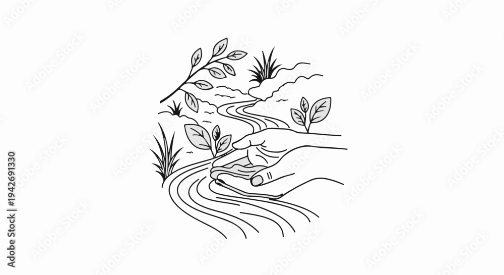 Naklejka premium A hand cradles water from a winding stream amidst foliage and rocks